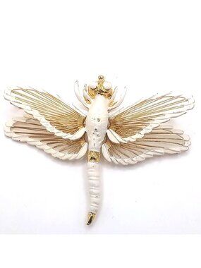 Vintage Monet White Enamel Dragonfly Brooch Gold Tone Nature Inspired Pin